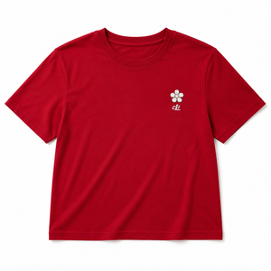 Camiseta de Mujer con Motivo Floral de Pedrería, Color Rojo Brillante, Cuello Redondo, Corte Holgado, 100% Algodón, Estilo Informal, Impresión DTG - Product Image 3
