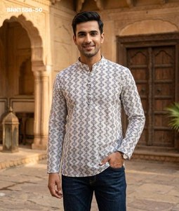 New Arrival Linen Cotton with All-Over Printed Full-Sleeve Band-Collar & Stylish Button Short-<b>Kurta</b> Collection At Wholesale Rate - Product Image 3