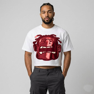 Camiseta Corta Oversize para Hombre, Manga Corta, Estampado de Dibujos Animados, Cuello Redondo, Estilo Urbano, Jersey de Algodón Blanco - Product Image 4