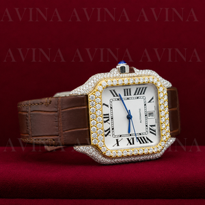 Luxury Mechanical Analog Square <b>Watch</b> Men | Iced Roman Numeral Date | Brown Leather Strap Stainless Steel <b>Case</b> Water Resistant - Product Image 2