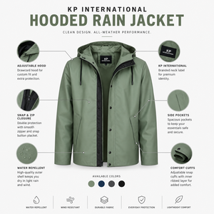<b>Men's</b> Hooded PU <b>Raincoat</b> Long Casual Waterproof Jacket With Button Closure Solid Green Color Wholesale And Customizable - Product Image 1