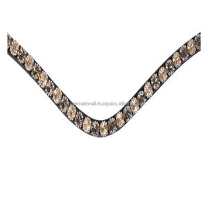 Banda para la frente de caballo de cuero negro y marrón de forma curvada suave y flexible con cristales grises brillantes diamantes de imitación banda para la frente - Product Image 4