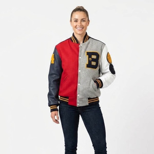 Men's Color Block Varsity <b>Jacket</b> With Embroidered B Logo And Patch Designs Preppy Style Autumn Wear - Product Image 5