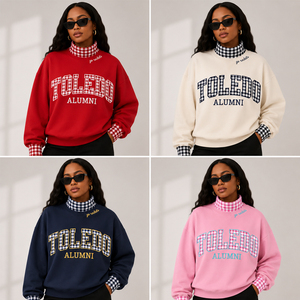Sweat-shirt graphique vintage pour femme, rose, épais, col montant, style universitaire Toledo Alumni, avec bordure à carreaux et épaules tombantes - Product Image 5