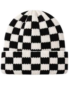 Gorro de punto personalizado con diseño de tablero de ajedrez en blanco y negro, gorro de invierno cálido con puño, gorro de punto acrílico suave, unisex, estilo streetwear. - Product Image 1