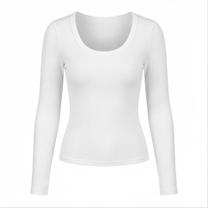 T-shirt blanc côtelé à manches longues et col rond en coton et élasthanne respirant pour femme, couleur unie - Product Image 1