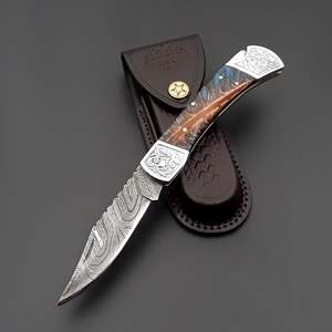 Pine Cone Handle OEM ODM Customizable Hand Engraved Damascus Steel Folding Knife with Leather Pouch Wholesale Factory Direct - Product Image 1