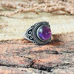 Amethyst Boho Tribal <b>Statement</b> <b>Ring</b> for Women Oxidized Silver 18K Gold Plated Brass Gemstone Jewelry Geometric Design Third - Product Image 1