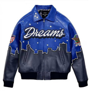 PU Leather Bomber <b>Jacket</b> Men Streetwear Zipper Closure Turn-down Collar Patch Designs Blue - Product Image 3