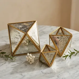 Artisan Design VO1033c Geometric Brass/Glass Votive Holder <b>Mirrored</b> <b>Panels</b> for Home Wedding Diwali Decor Candle Light Dinner - Product Image 3