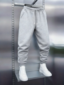 Men's Gray Sweatpants Mid Waist Drawstring Casual Joggers Pockets Autumn Wear Regular Fit Knitted Cotton Quick Dry Fleece - Product Image 3