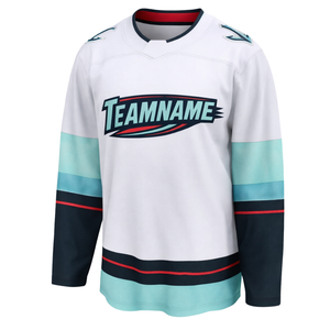 Maillot de hockey sur glace blanc et bleu sarcelle à manches longues, respirant, uniforme d'équipe athlétique, vêtements de sport professionnels pour adultes, entraînement et pratique - Product Image 2