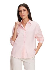 Camisa Rosa de Botones para Mujer, Manga Larga, Corte Regular, Popelina de Algodón, Blusa Informal de Oficina, Color Sólido, Uso Diario - Product Image 1