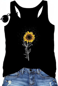 Women's Black O-Neck <b>Sunflower</b> Heat-Transfer Printed Knitted Tank Top Casual Breathable Cotton Pocket Regular Length Front Logo - Product Image 4