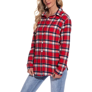 Camisa de Franela a Cuadros Roja para Mujer, Manga Larga, Cuello Camisero, Estilo Casual, para Otoño, 100% Algodón - Product Image 3
