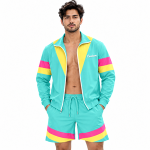 Men's Retro Color Block Windbreaker Zipper <b>Jacket</b> and Shorts Windbreaker Panel Lined Two Piece Turquoise Nylon <b>Track</b> Hoodies USA - Product Image 1