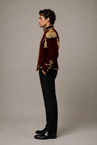 Veste de smoking en velours bordeaux pour homme avec broderie dorée, col mandarin, double boutonnage, style britannique, tenue formelle - Product Image 2