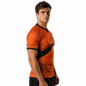 Camiseta de Rugby Sublimada con Diseño Geométrico Naranja y Negro para Hombre, Manga Corta, Ajustada, Transpirable, Cuello en V, Ropa Deportiva con OEM - Product Image 2