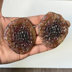 Tourmaline naturelle multicolore sculptée à la main, motif floral mandala, pierre précieuse en vrac, sculpture en tourmaline pour la création de bijoux, prix de gros - Product Image 5