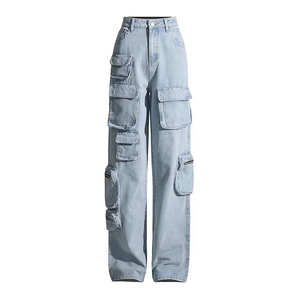 Pantalones vaqueros casuales de pierna ancha Cargo, lavado medio, corte recto, ajuste holgado, cintura media, de mezclilla, estilo urbano, venta al por mayor OEM ODM - Product Image 1