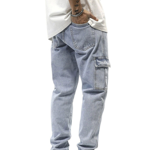 Jeans de Mezclilla Cargo Azul Claro para Hombre, Corte Holgado, Lavado a la Piedra, Algodón, Cintura Media, Estilo Casual, Ropa de Primavera - Product Image 3