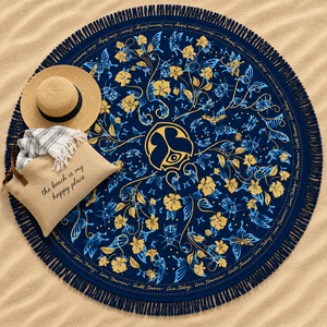 Toalla de Playa Redonda Grande con Borlas de Secado Rápido, Hermoso Diseño Estampado, Color Azul, Toalla Redonda con Mandala para la Playa - Product Image 1