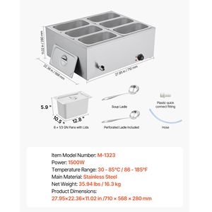 Scaldavivande Elettrico Commerciale 1500W in Acciaio Inossidabile a 6 Vasche, Bain-Marie con Coperchio a Riscaldamento Rapido per Attrezzature da Banco per Mantenimento Caldo - Product Image 4
