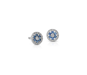 Boucles d'oreilles clous en platine avec saphir bleu floral et diamant de laboratoire - Product Image 1