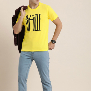 <b>Mens</b> <b>Yellow</b> O Neck Short Sleeve T <b>Shirt</b> Black Letter Print Slim Fit Casual Jersey Knitted Cotton Breathable Front Logo <b>mens</b> - Product Image 1