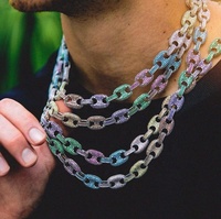 Collier Hip Hop 12 mm en zircon coloré, chaîne en forme de grain de café, laiton rhodié plaqué or, zircon, bouton hipster, pour homme et femme, cadeau