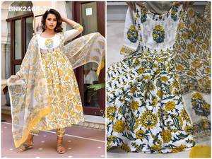 New Arrival Cotton <b>Blend</b> with Printed Design Anarkali Kurti-Pant & Dupatta Set Worldwide Supplier Exporter Woman Fashion - Product Image 2