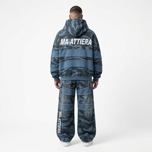 Men Blue Gray <b>Camouflage</b> Zip Up Hoodie Cargo <b>Tracksuit</b> Set Oversized Loose Fit Streetwear Panel Design Custom OEM ODM - Product Image 2