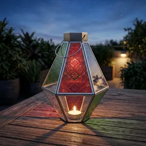 Artisan Design Handmade Tapered Glass Lantern with Embossed <b>Red</b>/Green/Blue Panels <b>Candle</b> Holder for Home Decoration - Product Image 1