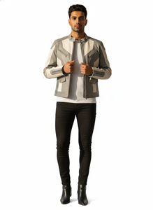 Chaqueta de Cuero para Motociclista Blanca y Gris Personalizada para Hombre, Cuero Genuino, Fabricante OEM, Proveedor Mayorista - Product Image 5