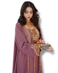 Awais House Women's Maroon <b>Chiffon</b> Floor-Length Abaya Beaded Embroidery Sheer Layer Modest Evening Formal Natural Long Sleeve - Product Image 3