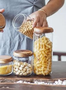 Pot en verre avec couvercle en bois naturel, récipient de stockage alimentaire réutilisable, organisateur de garde-manger, pot de rangement pour bonbons, café, thé, épices - Product Image 5