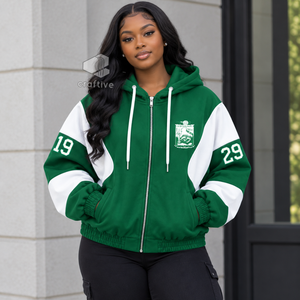 Iota Phi Lambda Sorority Women's Green <b>White</b> Color Block Zip-Up Oversized Hoodie Greek Letter Embroidered Varsity <b>Sweatshirt</b> - Product Image 4