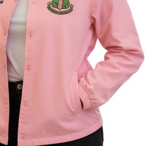 Pink Women Snap Front <b>Jacket</b> with Green Embroidered Crest Long Sleeve Casual Lightweight Coach <b>Jacket</b> Comfortable Everyday Wear - Product Image 5