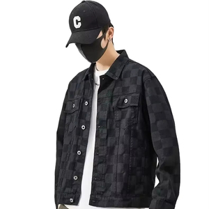 Veste en jean à carreaux vintage pour homme, col rabattu décontracté, boutonnée sur le devant, coupe ample, coupe-vent en coton pour l'automne, manches classiques - Product Image 2