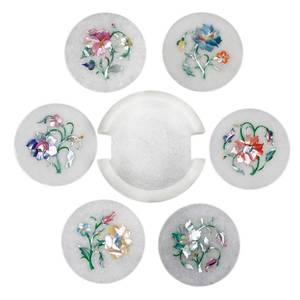 Ensemble de dessous-de-verre en marbre et nacre, incrustation florale, artisanat indien, décoration de table, cadeau, 4,5 pouces, dessous-de-verre design. - Product Image 3