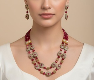 Conjunto de collar de lujo de 2 capas con cuentas rojo rubí, chapado en oro, estilo Kundan Polki, joyería nupcial llamativa con pendientes a juego para - Product Image 4