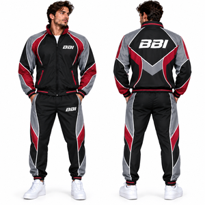 Ensemble de survêtement homme OEM contrastant, coupé-cousu, respirant en polyester, pour la gym et le fitness, avec veste coupe-vent zippée et pantalon de survêtement - Product Image 1