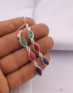 Pendientes de Plata de Ley 925 con Múltiples Piedras Preciosas en Forma de Gota de Agua, 3 Niveles, Esmeralda, Rubí, Zafiro, Venta al por Mayor para Mujer - Product Image 1