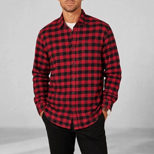 Chemise en flanelle à carreaux rouge et noir pour homme, manches longues, col rabattu, anti-rides, 100% coton, vêtements d'automne - Product Image 1