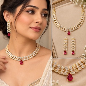 Precioso Juego de Collar y Aretes Clásicos Chapados en Oro de 18K, de Latón de Primera Calidad, con Piedras de Circonio, para Mujer, Ideal para Fiestas - Product Image 2