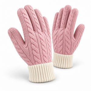 Pink Cable <b>Knit</b> <b>Gloves</b> With Cream Ribbed Cuff Machine Washable Cotton Textured Anti-Slip Full Coverage General Purpose - Product Image 5