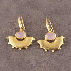 Hot selling oval cut hydro quartz chalcedony half <b>moon</b> dangle drop <b>earring</b> brass 18k gold plated brushed finish metal <b>earrings</b> - Product Image 4