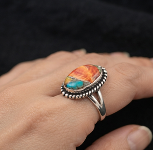 Bague en argent avec turquoise et cuivre, bague statement ovale multicolore en pierres précieuses, bijoux vintage bohème western - Product Image 2