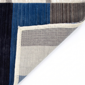 Tapis DECORDEC en laine indigo bleu gris ivoire, antidérapant, écologique, à blocs de couleur, moderne, abstrait, géométrique, pour salon - Product Image 5