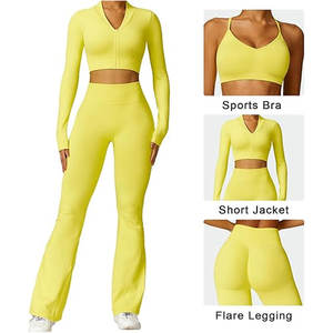 Ensemble de sport 3 pièces pour femme : Leggings évasés taille haute sans coutures, soutien-gorge de sport et veste zippée pour la gym, le yoga et les activités sportives - Product Image 2